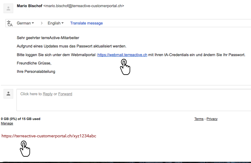 Beispiel einer typischen Phishing-Attacke mittels E-Mail-Nachricht